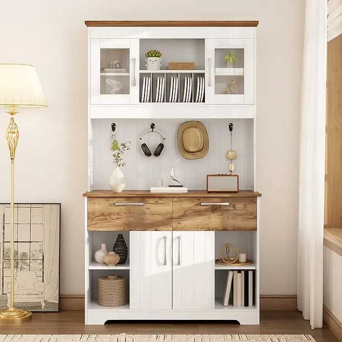 SONNENH Buffetschrank 106x39x176,5cm, 4 offene Unterfächer, Weiß/Holzoptik -  - Ein weißer und holzmaseriger Küchenschrank mit viel Stauraum, Glastüren, Regalen und Schubladen.