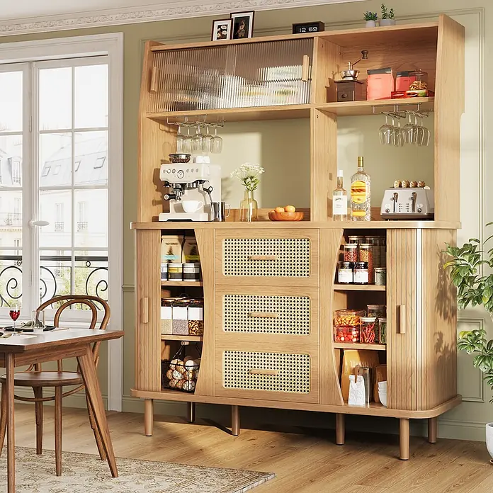 SONNENH Buffetschrank 140 x 40,5 x 174,5 cm, 4 Einlegeböden, Natur -  - Hölzernes Aufbewahrungsmöbel mit Rattan und geriffeltem Glas, bestückt mit Küchenutensilien in einem Essbereich.