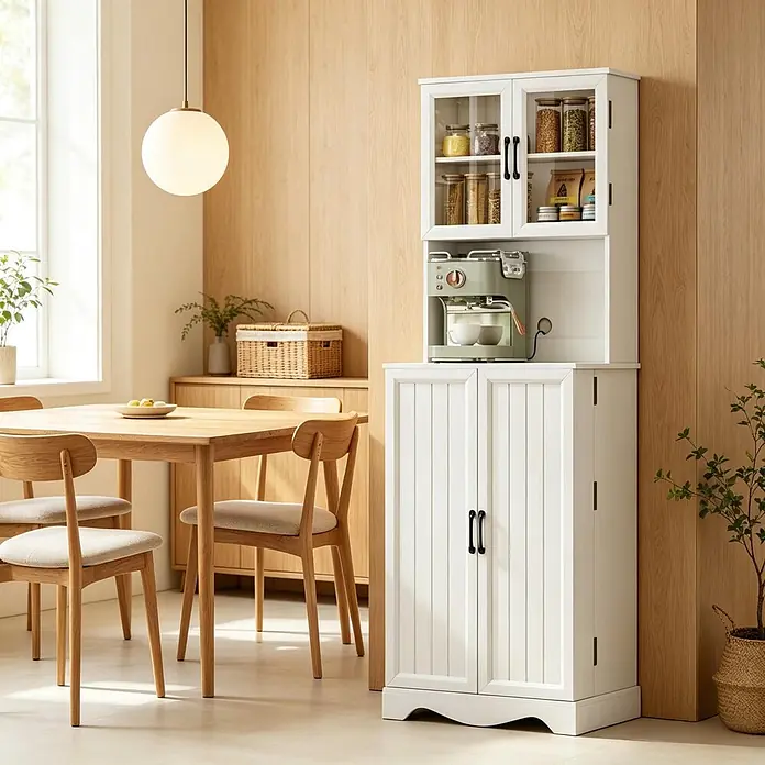 SONNENH Buffetschrank 60 x 39,5 x 179,6 cm, 3 Einlegeböden, Weiß -  - Weißer Holzschrank mit Glastüren oben, geschlossenen Türen unten und Kaffeemaschine in moderner Küche.