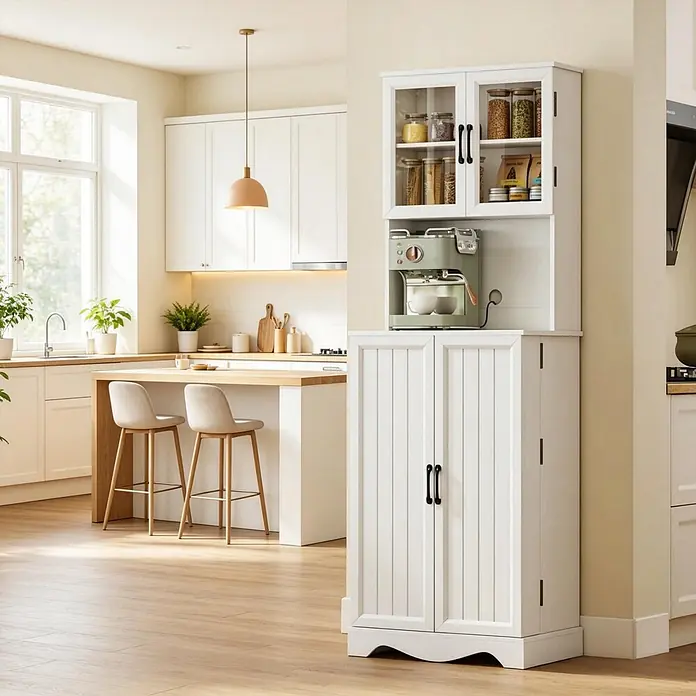 SONNENH Buffetschrank 60 x 39,5 x 179,6 cm, 3 Einlegeböden, Weiß -  - Weißer Küchenschrank mit Glastüren, einem grünen Kaffeevollautomaten und unteren Türen, in einer modernen Küche.