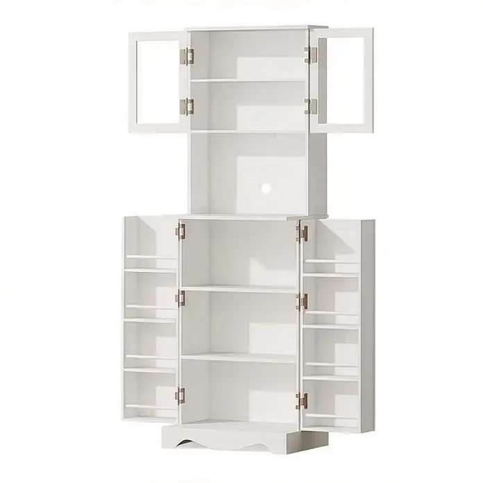 SONNENH Buffetschrank 60 x 39,5 x 179,6 cm, 3 Einlegeböden, Weiß -  - Weißer Mehrzweckschrank mit Glastüren oben und offenem/beplanktem Stauraum unten.