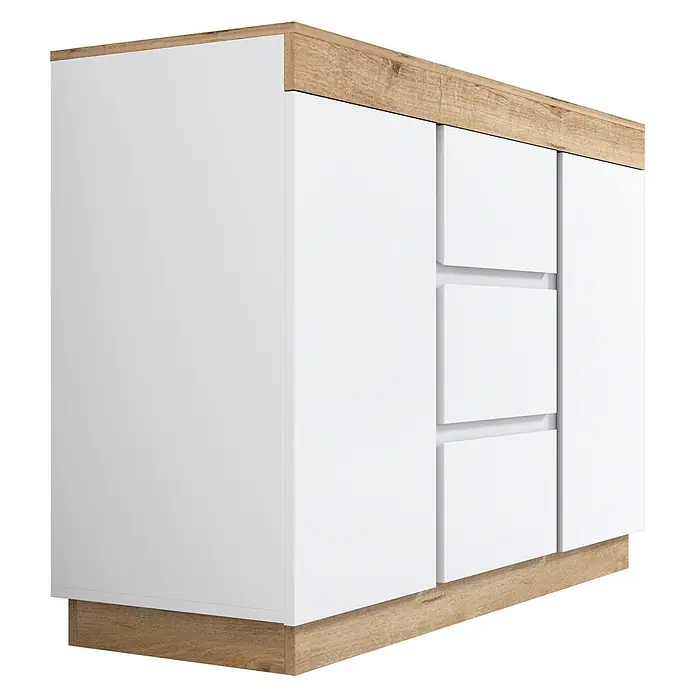 SONNENH Kommode 120,5 x 40,2 x 82,5 cm, Weiß/Eiche -  - Weißer Schrank mit heller Holzplatte und -sockel, zwei Türen und drei Schubladen.
