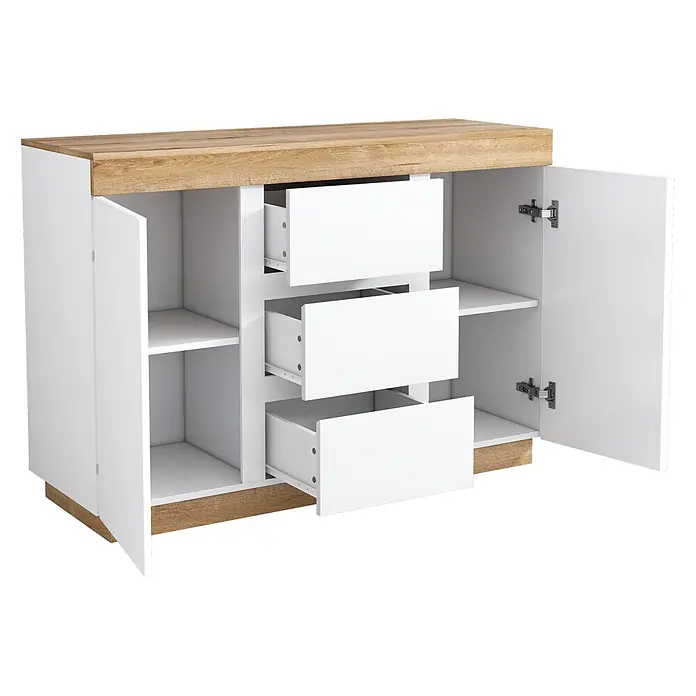 SONNENH Kommode 120,5 x 40,2 x 82,5 cm, Weiß/Eiche -  - Weißes und Holz-Effekt Sideboard mit zwei offenen Türen und drei ausziehbaren Schubladen.