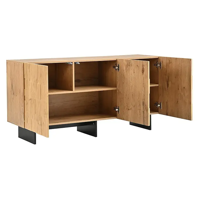 SONNENH Sideboard 140 x 40 x 70 cm, Natur -  - Helles Eichenholz-Sideboard mit schwarzen Beinen, mehreren offenen Türen und Innenregalen, eine Tür mit Strukturmuster.