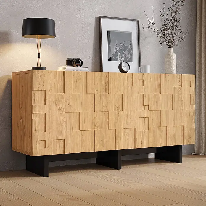 SONNENH Sideboard 140 x 40 x 70 cm, Natur -  - Ein modernes Sideboard aus hellem Holz mit strukturierter Front und schwarzen Beinen, dekoriert mit Lampe, Büchern und Deko.