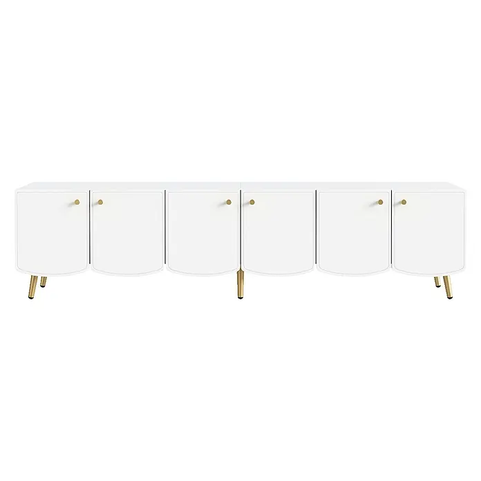 SONNENH Sideboard 180 x 40 x 45 cm, Weiß/Gold -  - Weißes, modernes Sideboard mit sechs Türen und goldenen Griffen, auf goldenen Beinen stehend.