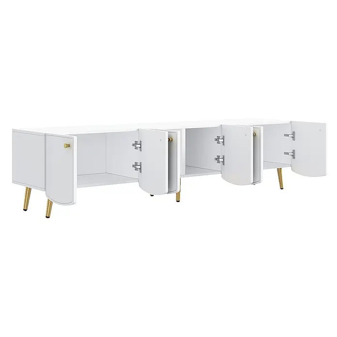 SONNENH Sideboard 180 x 40 x 45 cm, Weiß/Gold -  - Weißes Sideboard mit goldenen Beinen und Griffen, offene Türen zeigen Staufächer.