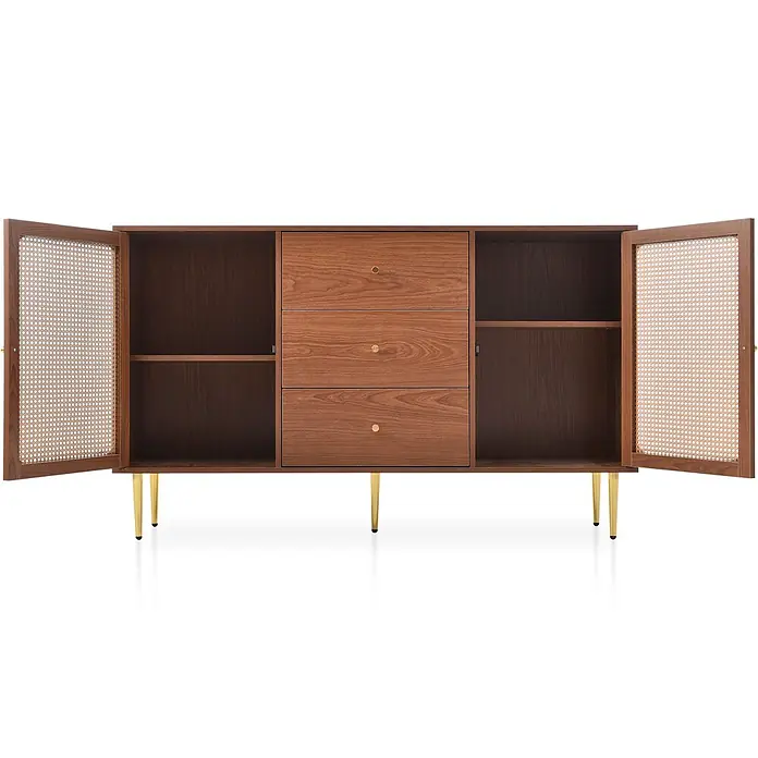 SONNENH Sideboard 150 x 40 x 90 cm, Walnussoptik -  - Braunes Holz-Sideboard mit offenen Rattantüren, drei Mittelschubladen und Goldbeinen. Mit Innenregalen.