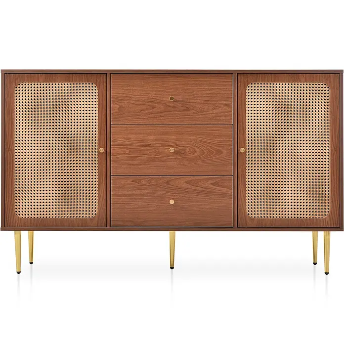 SONNENH Sideboard 150 x 40 x 90 cm, Walnussoptik -  - Sideboard aus Holz im Mid-Century-Stil mit Rattantüren, drei Schubladen und goldenen Beinen.