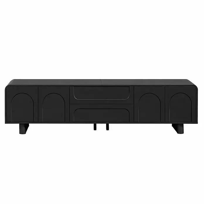 SONNENH Kommode 180 x 40 x 46 cm, Schwarz -  - Schwarze Medienkonsole mit abgerundeten Kanten, zwei Türen mit Halbkreis-Schnitzereien und zwei zentralen Schubladen mit geschwungenen Griffen, auf konischen Beinen.