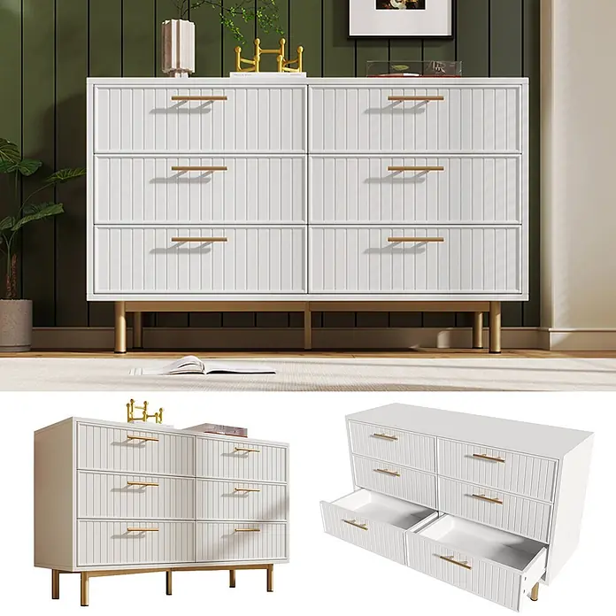 SONNENH Kommode 120 x 40 x 75,5 cm, Weiß -  - Weiße Kommode mit 6 Schubladen, gerillten Fronten, goldenen Griffen und Beinen, in modernem Raumambiente.