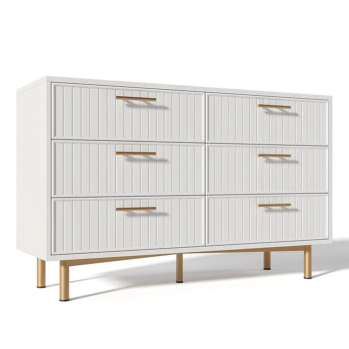 SONNENH Kommode 120 x 40 x 75,5 cm, Weiß -  - Weiße Kommode mit sechs gerillten Schubladen, goldenen Griffen und goldenen Zylinderbeinen.