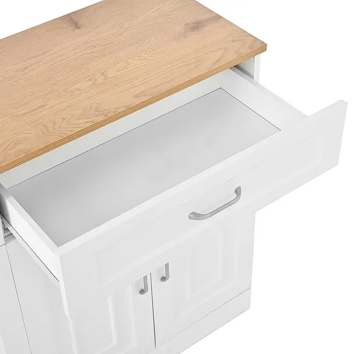 SONNENH Sideboard 120 x 35 x 80,5 cm, Weiß -  - Weißer Schrank mit heller Holzplatte, offener Schublade mit silbernem Griff und zwei silbernen Türgriffen darunter.