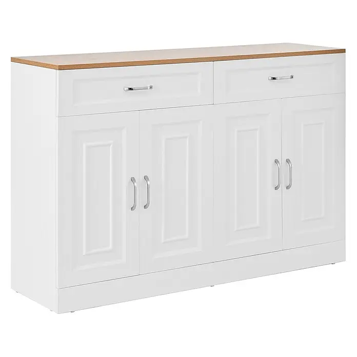 SONNENH Sideboard 120 x 35 x 80,5 cm, Weiß -  - Weißes Sideboard mit heller Holzplatte, zwei Schubladen und vier Schranktüren mit Chromgriffen.