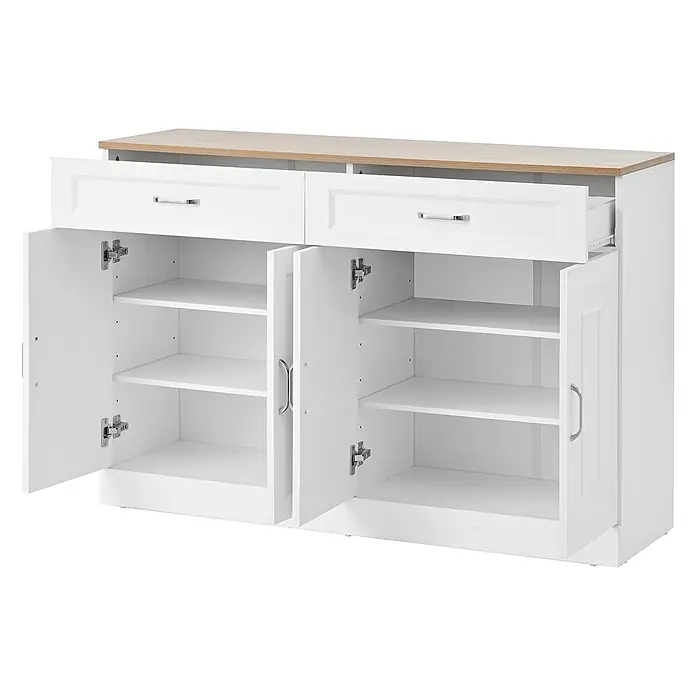 SONNENH Sideboard 120 x 35 x 80,5 cm, Weiß -  - Weißer Schrank mit heller Holzplatte, zwei Schubladen mit Chromgriffen und vier Türen, die verstellbare Einlegeböden zeigen. Eine Schublade ist leicht geöffnet.