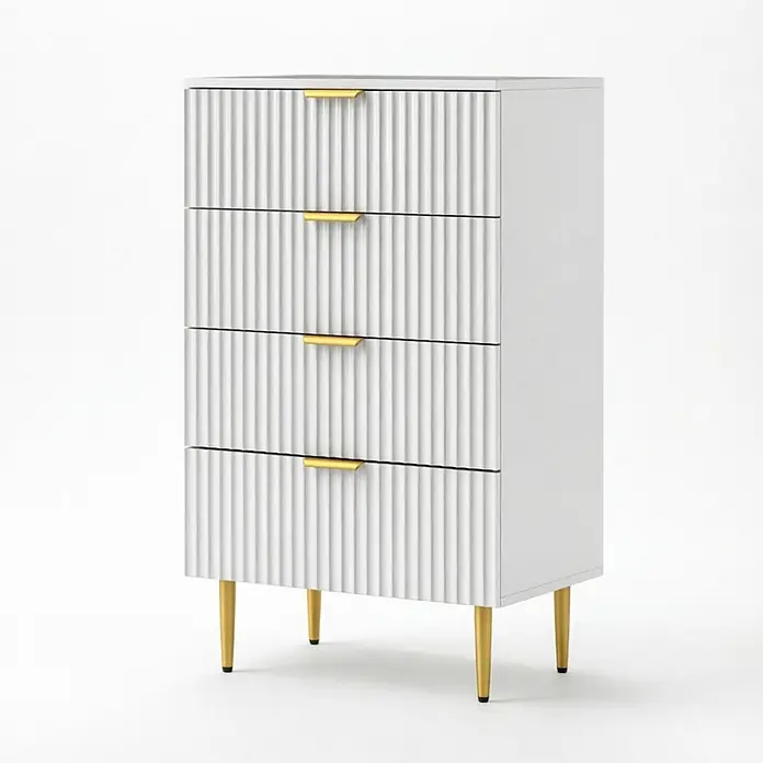 SONNENH Kommode 60 x 40 x 96 cm, Weiß -  - Weiße Kommode mit vier Schubladen, geriffelten Fronten, goldfarbenen Griffen und konischen Goldbeinen.