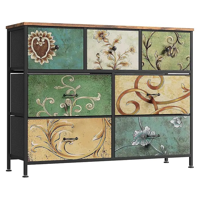 SONNENH Kommode 100 x 30 x 78 cm, Mehrfarbig -  - Aufbewahrungskommode mit 7 Schubladen, schwarzem Metallrahmen, rustikaler Holzplatte und gemusterten Stoffschubladen.