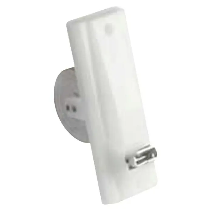 Recogedor de cinta de persiana Minipack - Empotrado, 18 mm - Un ambientador ultrasónico rectangular blanco para montaje en pared, con un clip plateado en la parte inferior y una base de montaje redonda.