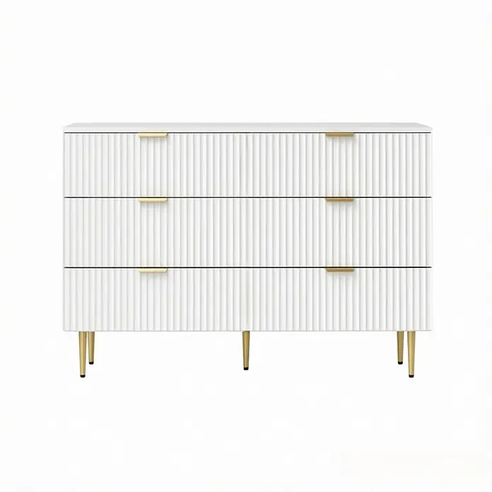 SONNENH Kommode 120 x 40 x 76,5 cm, Weiß -  - Weiße Kommode mit 3 Schubladen, gerillter Textur, goldenen Griffen und Beinen.