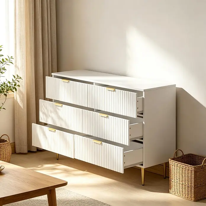 SONNENH Kommode 120 x 40 x 76,5 cm, Weiß -  - Weißes Kommode mit geriffelten Schubladen, goldenen Griffen und Beinen, teilweise geöffnet in hellem Raum.