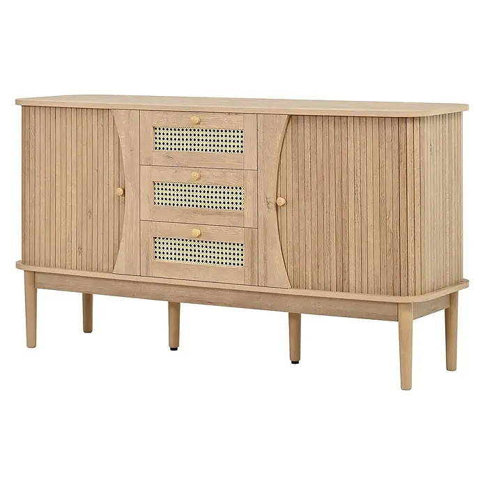 SONNENH Sideboard 141 x 40 x 77 cm, Natur -  - Helles Holz Sideboard mit geriffelten Türen, drei Rattan-Schubladen und konischen Beinen.