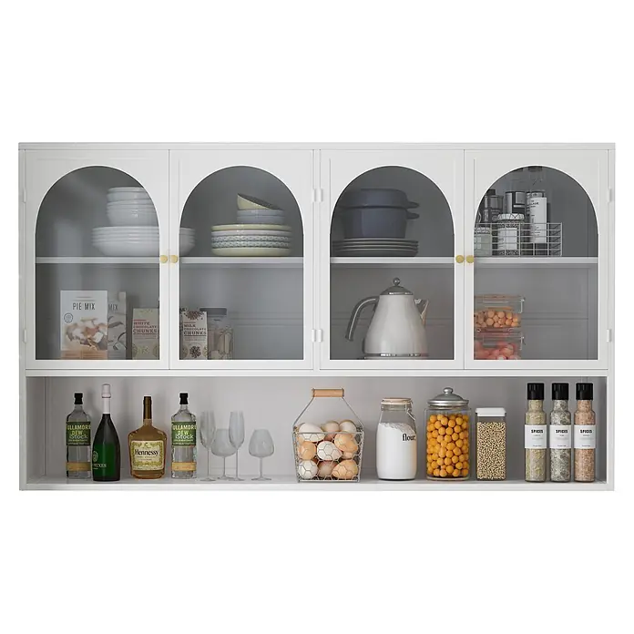 SONNENH Hängeschrank 120 x 23 x 70 cm, 3 Ebenen, Weiß -  - Weißer Küchenhängeschrank mit gewölbten Glastüren und goldenen Knöpfen, gefüllt mit Geschirr, Lebensmitteln, Getränken und Gewürzen.