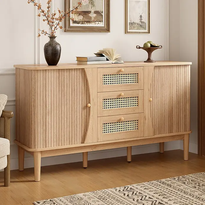 SONNENH Sideboard 141 x 40 x 77 cm, Natur -  - Helles Holz Sideboard mit Rillenfront, Rattanschubladen und runden Knöpfen, in einem Wohnraum platziert.