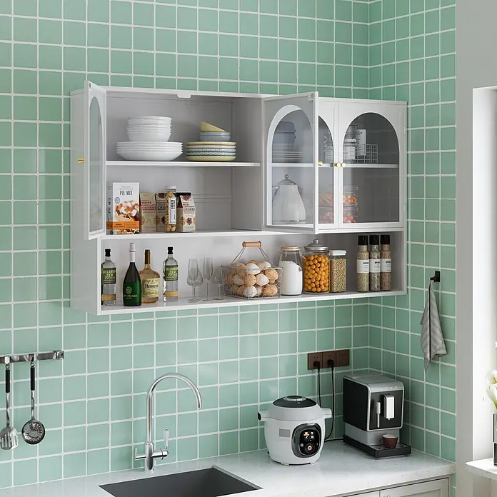 SONNENH Hängeschrank 120 x 23 x 70 cm, 3 Ebenen, Weiß -  - Weißer Küchenhängeschrank mit gewölbten Glastüren und goldenen Griffen, für Geschirr und Vorräte. Unten offenes Regal.