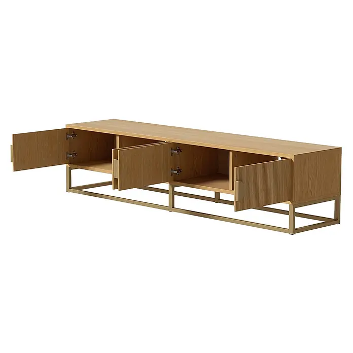 SONNENH TV-Lowboard 180 x 40 x 40 cm, Holzoptik/Gold -  - Heller Holz-TV-Ständer mit gerippten Türen und goldenen Metallbeinen. Drei Türen sind offen und zeigen Staufächer.