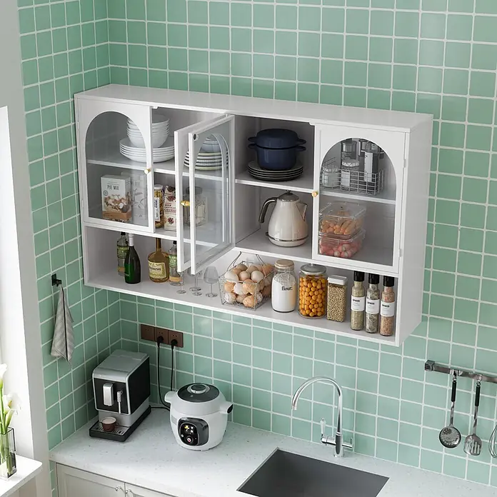 SONNENH Hängeschrank 120 x 23 x 70 cm, 3 Ebenen, Weiß -  - Weißer Küchenhängeschrank mit gewölbten Glastüren, über einer Spüle Geschirr, Lebensmittel und Kleingeräte aufbewahrend.