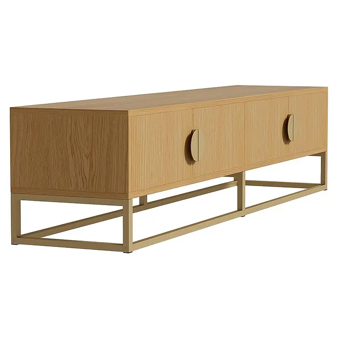 SONNENH TV-Lowboard 180 x 40 x 40 cm, Holzoptik/Gold -  - Niedriger Schrank aus heller Eiche mit strukturierten Türen, goldenen halbkreisförmigen Griffen und einem goldenen Metallgestell.