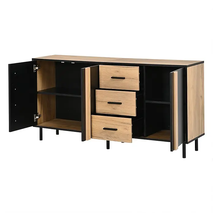 SONNENH Sideboard 140 x 35 x 70 cm, 3 Türen, Schwarz/Natur -  - Sideboard in Schwarz und heller Holzoptik mit zwei Türen und drei Schubladen, teilweise geöffnet.