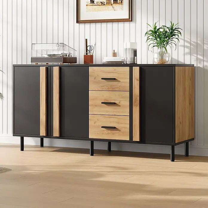 SONNENH Sideboard 140 x 35 x 70 cm, 3 Türen, Schwarz/Natur -  - Dunkelgraues und holzmaseriertes Sideboard mit drei zentralen Schubladen und zwei Seitenschränken auf schwarzen Beinen.