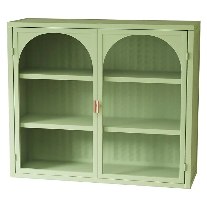 SONNENH Hängeschrank 70 x 23 x 60 cm, 3 Ebenen, Grün -  - Hellgrüner Metallschrank mit zwei Glastüren mit Bogenöffnungen und zwei Innenregalen.