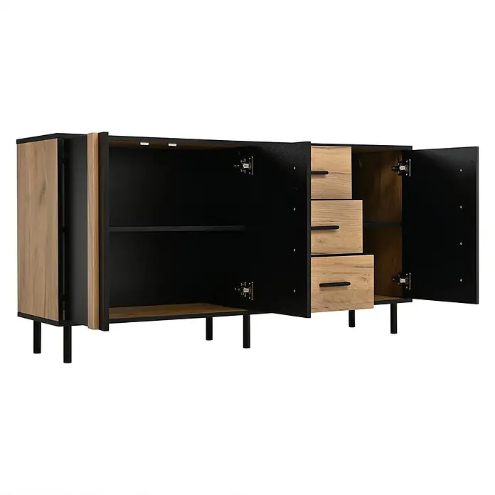 SONNENH Sideboard 140 x 35 x 70 cm, 3 Türen, Schwarz/Natur -  - Modernes Sideboard in Schwarz und Naturholzoptik mit zwei offenen Fächern und drei Schubladen auf schwarzen Beinen.