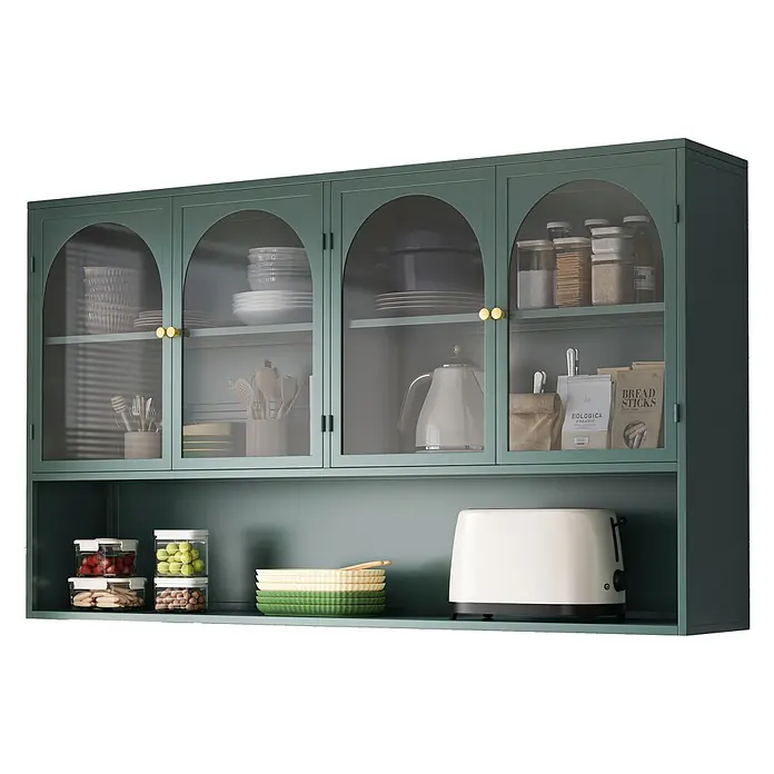 SONNENH Hängeschrank 120 x 23 x 70 cm, 3 Ebenen, Dunkelgrün -  - Dunkelgrüner Küchenwandschrank mit gewölbten Glastüren, gefüllt mit Geschirr, Vorräten und Küchengeräten.