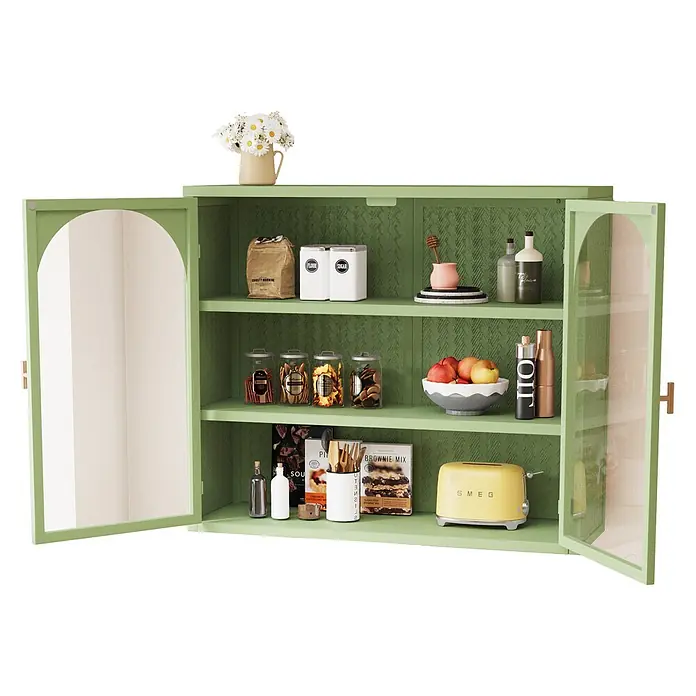 SONNENH Hängeschrank 70 x 23 x 60 cm, 3 Ebenen, Grün -  - Grüner Wandschrank mit geöffneten Türen, der Regale mit Küchenutensilien, Vorratssachen und einem gelben Toaster zeigt.