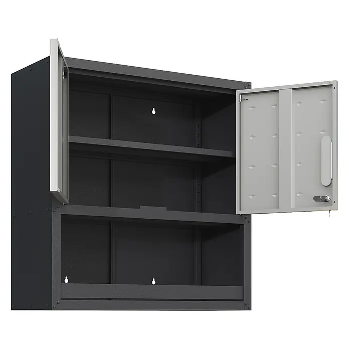 SONNENH Werkzeug-Wandschrank 75,01 x 30 x 76,99 cm, 3 Fächer, Schwarz/Grau -  - Dunkelgrauer Metall-Wandschrank mit zwei hellgrauen, geöffneten Türen und zwei Fachböden, sichtbaren Befestigungslöchern.