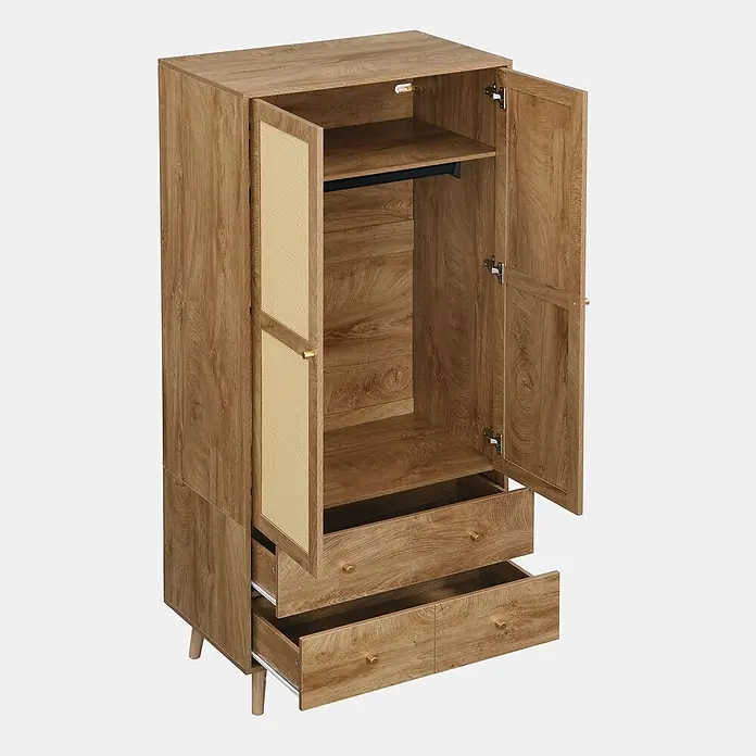 SONNENH Kleiderschrank 80 x 50 x 180 cm, Walnussoptik -  - Heller Holzschrank mit Rattantüren, offenem Fach mit Ablage und Kleiderstange sowie zwei geöffneten Schubladen mit Messinggriffen.
