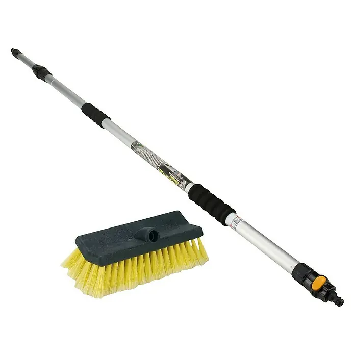 Cepillo de lavado con mango - Modelado ergonómico, Apto para: Coches - Cepillo de lavado telescópico con cerdas amarillas y cabezal de cepillo gris, diseñado para limpiar coches y otras superficies.
