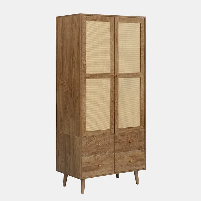 SONNENH Kleiderschrank 80 x 50 x 180 cm, Walnussoptik -  - Brauner Holzschrank mit vier Rohrtüren und vier Schubladen, Messingknöpfen und konischen Beinen.