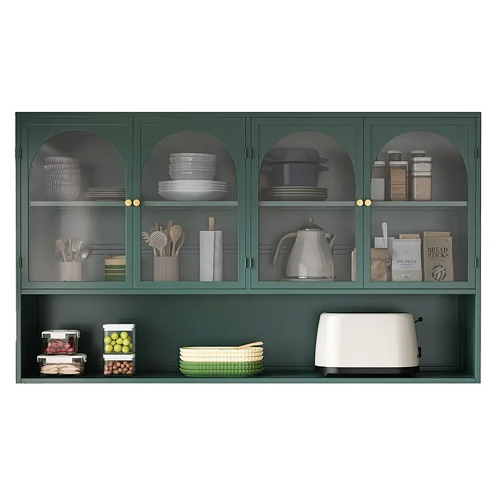 SONNENH Hängeschrank 120 x 23 x 70 cm, 3 Ebenen, Dunkelgrün -  - Grüner Küchenschrank mit gewölbten Glastüren, gefüllt mit Geschirr, Lebensmittelbehältern und Geräten wie Wasserkocher und Toaster.