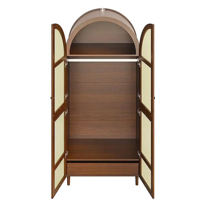 SONNENH Kleiderschrank 80 x 50 x 179 cm, Walnussoptik -  - Offener Kleiderschrank aus dunklem Holz mit Rattantüren, Bogenoberteil, Kleiderstange und Schublade. Steht auf Beinen.