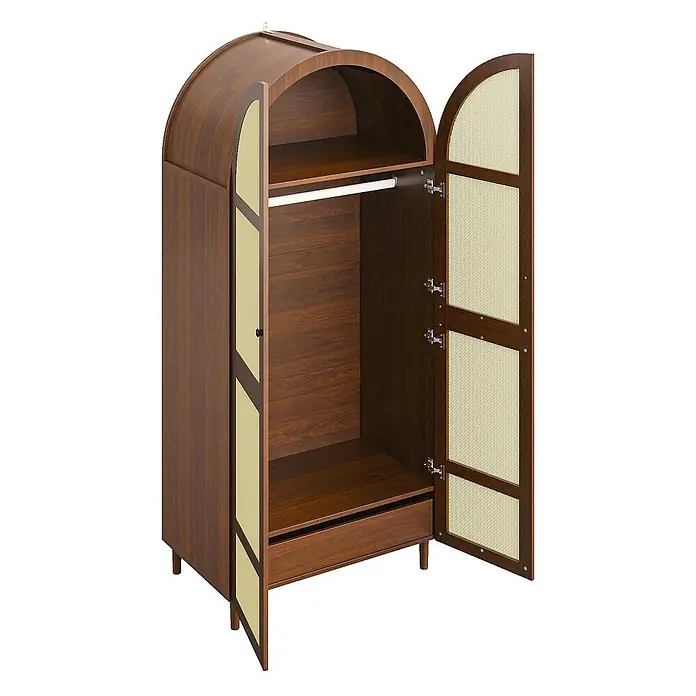 SONNENH Kleiderschrank 80 x 50 x 179 cm, Walnussoptik -  - Dunkelbrauner Holzschrank mit gewölbtem Dach, offenen Türen mit Wiener Geflecht, Innenablage, Kleiderstange und Schublade.