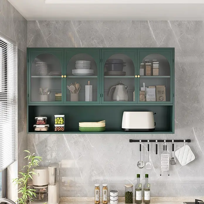 SONNENH Hängeschrank 120 x 23 x 70 cm, 3 Ebenen, Dunkelgrün -  - Dunkelgrüner Küchenwandschrank mit gewölbten Glastüren und offenem Regal, gefüllt mit Küchenutensilien und einem Toaster.