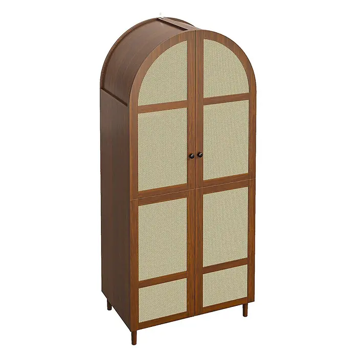 SONNENH Kleiderschrank 80 x 50 x 179 cm, Walnussoptik -  - Dunkler Holzschrank mit gewölbter Oberseite, Rattanpaneelen, zwei Türen mit schwarzen Knöpfen und kurzen Beinen.