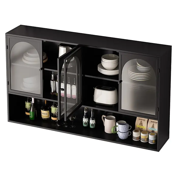 SONNENH Hängeschrank 120 x 23 x 70 cm, 3 Ebenen, Schwarz -  - Schwarzer Küchenwandschrank mit Glastüren, Geschirr, Flaschen und Toaster zeigend.