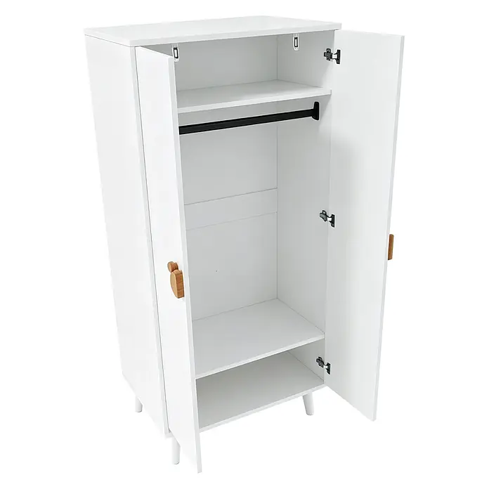 SONNENH Kleiderschrank 70 x 55 x 170 cm, Weiß -  - Weißer Kleiderschrank mit offenen Türen, Regalen und einer Kleiderstange, mit Holzgriffen und kleinen weißen Beinen.