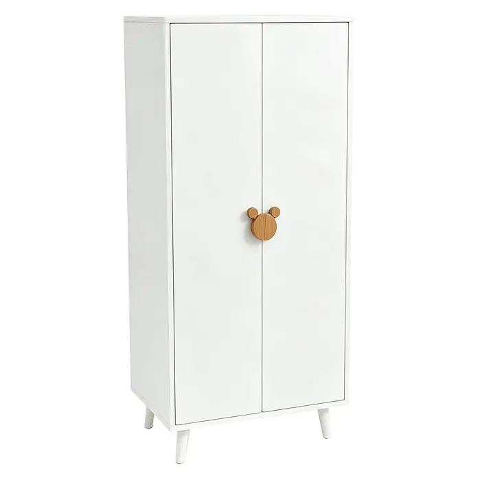 SONNENH Kleiderschrank 70 x 55 x 170 cm, Weiß -  - Weißer zweitüriger Kleiderschrank mit holzfarbenen Mickey-Maus-Griffen und weißen Beinen.
