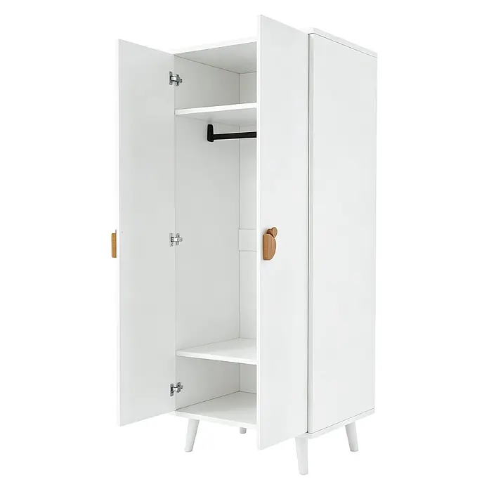 SONNENH Kleiderschrank 70 x 55 x 170 cm, Weiß -  - Weißer Kinderschrank mit zwei Türen, eine offen mit Regalen und schwarzer Kleiderstange, und hölzernen Apfelgriffen.